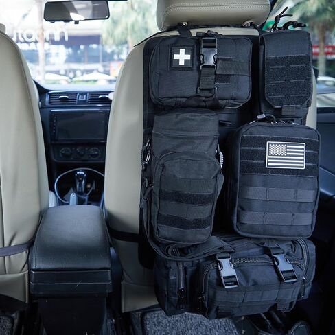 Universal Tactical Car Seat Back Organizer Bag Tactical Molle Vehicle Organizers Panel Gear Accessories with 5 Different Size Molle Pouches for Car Truck Ford Jeep Vehicle (C style-Black) in Kuwait