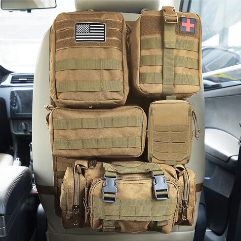 Universal Tactical Car Seat Back Organizer Bag Tactical Molle Vehicle Organizers Panel Gear Accessories with 5 Different Size Molle Pouches for Car Truck Ford Jeep Vehicle (C style-Black) in Kuwait