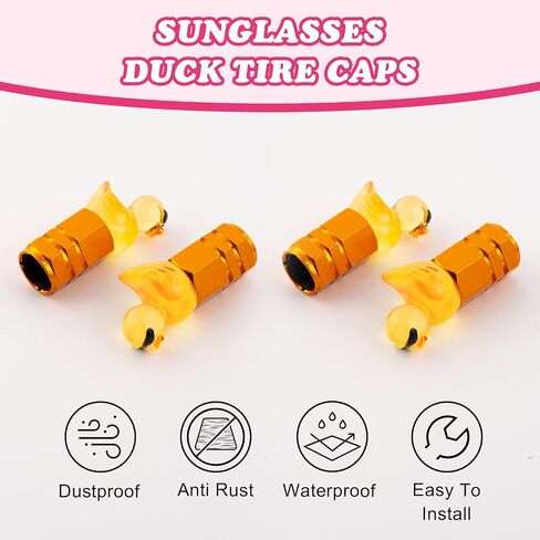 4Pcs Duck Tire Valve Caps, Funny Sunglasses Duck Valve Stem Caps Covers for Wheels, Decorative Cute Tire Valve Caps for Car Accessories (Hexagon Duck Yellow) in Kuwait