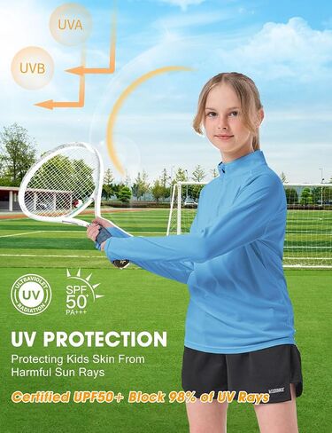 Youth Kids Long Sleeve T Shirt UPF50+ Sun Shirts 1/4 Zip Pullover Quick Dry Outdoor Shirts Biking Athletic Tops Thumbholes in Saudi Arabia