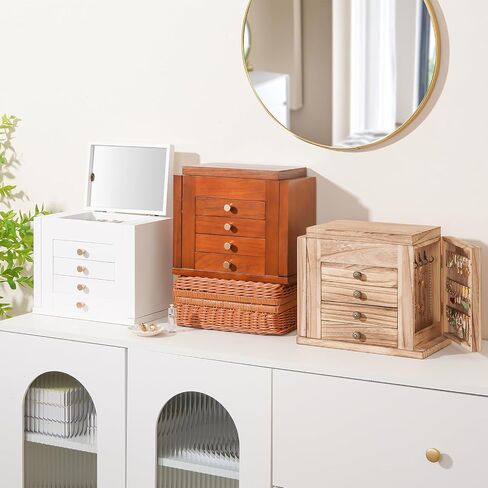 ProCase Large Jewelry Box, 5-Layer Wooden Jewelry Boxes for Women, Jewellery Holder Organizer Storage Case with Mirror for Earrings Bracelet Necklace for Dresser -Natural in Kuwait
