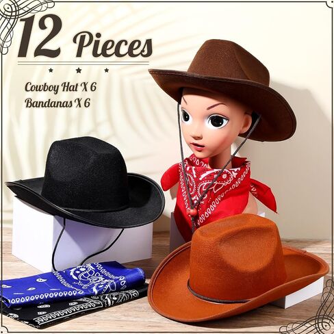 Unittype Kids Western Cowboy Hat Set - 12 Pcs Polyester Cowboy Hats and Bandannas for Cowgirl Cowboy Cosplay in Kuwait