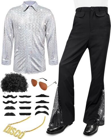 Mepase 70s Disco Boys Kids Outfit Costume Bell Bottom Pants Disco Shirts for Halloween Dress Up in Saudi Arabia