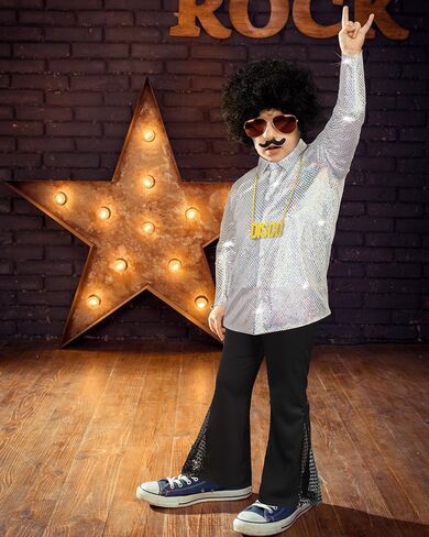 Mepase 70s Disco Boys Kids Outfit Costume Bell Bottom Pants Disco Shirts for Halloween Dress Up in Saudi Arabia