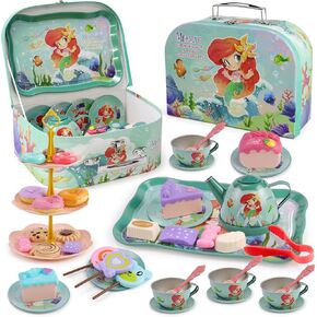 Motiloo Tea Party Set for Little Girls, 58Pcs Princess Tea Set Play Kitchen Toy with Dessert, Doughnut, Carrying Case for Birthday Kids Girls Age 3 4 5 6 7 8 Year Olds