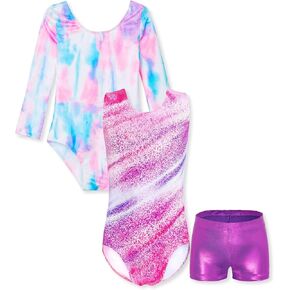Domusgo Bundle of Scrawl and Colorful Stripes Girls Gymnastics Leotards Size 10-12 Years Old