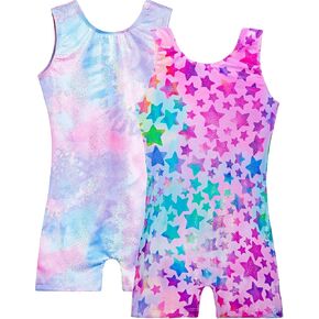 2 Pack Gymnastics Leotards for Girls 6-7 Years Old Sparkly Purple Tie Dye and Hotpink Stars Print Biketard Tumbling Unitard