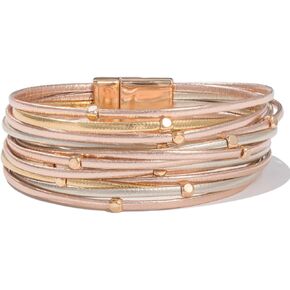 FANCY SHINY Beaded Leather Wrap Bracelets Cute Boho Stackable Bangle Cuff with Magnetic Clasp