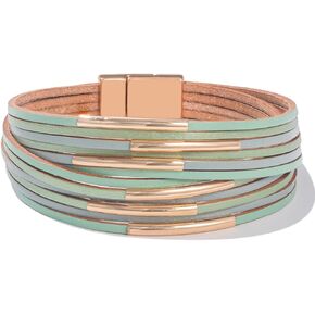 FANCY SHINY Boho Leather Bangle Bracelets Stackable Noodle Tube Bracelets Layered Wrap Cuff Bracelets with Magnetic Clasp