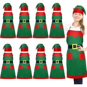Handepo 16 Pcs Christmas Elf Apron and Hat Set, 8 Elf Aprons and 8 Elf Hats Elf Costume Kits Women Adults