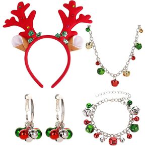 Christmas X-Mas Jingle Bell Necklaces Bracelet Dangle Earring Set For Women Christmas Headband Reindeer Antler Hair Hoop Headpiece Christmas Bell Jewelry Set for Christmas Party (Christmas Bell Set)
