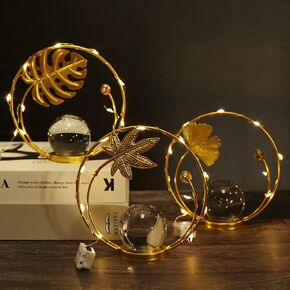 Crystal Ball Decoration, Modern Home Decorations Metal Art Decor with Light Strips for Living Room Dining Table Fireplace Mantle (Leaf Shape)