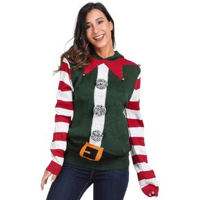 For G and PL Womens Christmas Ugly Knit Elf Sweater Holiday Striped Sleeve Tunic with Cute Bell and Hood