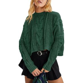 Panadila Womens Cropped Sweater Crew Neck Cable Knit Sweater Ribbed Long Sleeve Top Soft Boxy Pullover