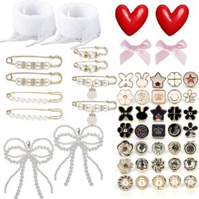 Shoe Charms for Sneakers Women, 51PCS Contain Pearl Lace Bow DIY Decorations Charms Kit Clothing Shoes Jewelry Safety Pins for Junk Socks Shoelace Sambas