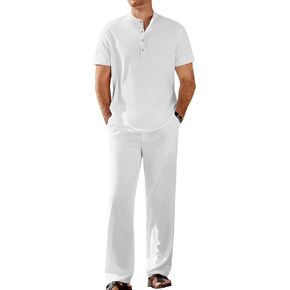 COOFANDY Men's 2 Pieces Set Short Sleeve Casual Henley Shirts Beach Yoga Pants Summer Beach Outfit