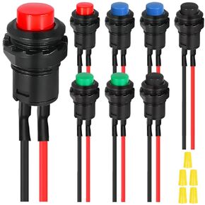 MKBKLLJY 15Pcs 7mm Black Mini Round Pushbutton Switches 1A 250V AC 2 Pins SPST ON Off Momentary Push Button Switch with Locked Terminal Wires and Wiring Cap for Car, Boat