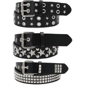 Black Studded Belt Y2K Belt Star Gothic Punk Rock Belt with Grommet Threads Bright Metal Pyramid for Women Men
