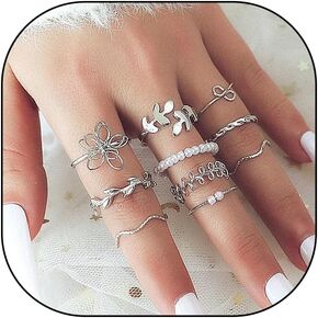 Rrdaily Fashion Gold Knuckle Stacking Rings Set for Teen Girls Women Boho Pearl Flower Leaf Rings Joint Stackable Nail Ring Hollow Finger Rings Pack