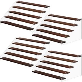 Queekay 4 Pack Acrylic Wood Display Stand Wooden Tiered Display Shelf Clear Acrylic Display Shelves Rack Display Stand Step Riser Ladder Stand for Figure Cupcake Perfumes Desserts (15.7 Inch, 5 Tier)