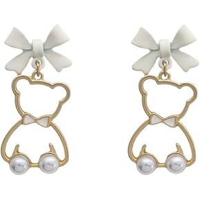 Cute Little Bear Ribbon Bow Pearl Drop Earrings Stud Ear Clip Sweet Wedding Jewelry Birthday Gift