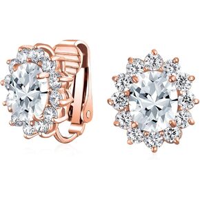 Traditional Classic Bridal Simulated Gemstones Cubic Zirconia AAA CZ Halo Crown Oval Stud Clip On Earrings For Women Wedding Non Pierced Ears Rose Gold Silver Plated