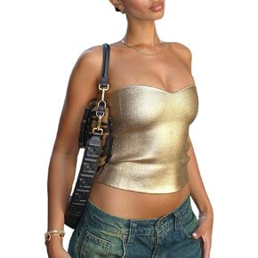 Women's Metallic Silver Tube Top Strapless Crop Top Sexy Sleeveless Ribbed Knit Bandeau Top Bustier Concert Outfit
