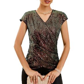 GRACE KARIN Womens Sparkle Sequin Top Shimmer Glitter Blouse Twist Front V Neck Cap Sleeve Club Party Shirt