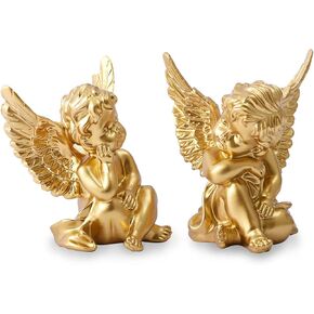 OwMell Set of 2 Cherubs Angels Resin Statue Figurine, Indoor Home Decoration, Adorable Angel Sculpture Memorial Statue 4" - Gold