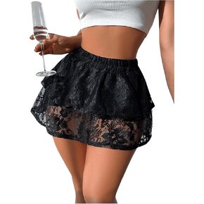 GORGLITTER Women's Lace High Waist Mini Skirt Ruffle Pleated Short Skirt