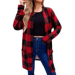 For G and PL Women's Christmas Red Buffalo Plaid Open Front Sweater Cardigan with Pockets