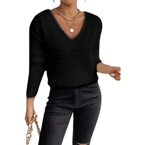 Verdusa Women's Fuzzy Sweater Off The Shoulder V Neck Drop Shoulder Long Sleeve Pullover Sweaters