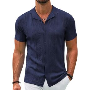 COOFANDY Men's Knit Shirts Vintage Short Sleeve Button Down Shirt Casual Summer Beach Shirt