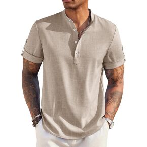 COOFANDY Men's Casual Henley Shirt Short Sleeve Band Collar Linen Shirt Summer Beach Hippie T-Shirts