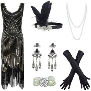 20s Flapper Gatsby Sequin Beaded Evening Cocktail Dress with Accessories Set
