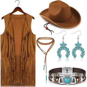 Vabean 5 Pcs Western Cowgirl 70s Hippie Costume Set Include Vest Hats Turquoise Dangle Earrings Pendant Choker Bracelets