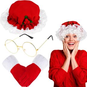 3 PCS Lady Claus Costume Accessories for Women Include Mob Cap Red Velvet Gloves and Glasses for Christmas Party Supply