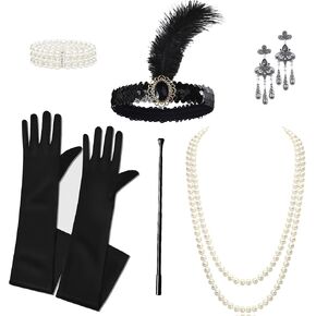 UTOWO 1920s Flapper Accessories Set Party Costume for Women 20s Headpiece Pearl Necklace Gloves Halloween Party