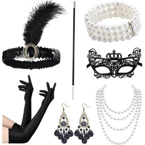 1920s Accessories for Women Flapper Accessories Set Roaring 20s Costume Accessories Flapper Headband, Earrings, Pearl Necklace, Bracelet, Gloves, Holder, Mask (Black,7Pcs)