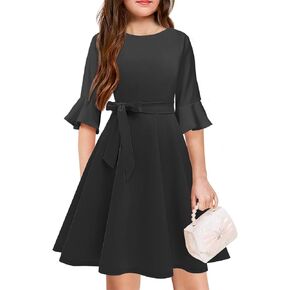 Girls Bell Sleeve Dresses Belt Formal Fit Knee High Modest Big Kids Midi Cap Shoulder Teen Casual Dresses for Girls