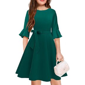 Girls Bell Sleeve Dresses Belt Formal Fit Knee High Modest Big Kids Midi Cap Shoulder Teen Casual Dresses for Girls in Kuwait