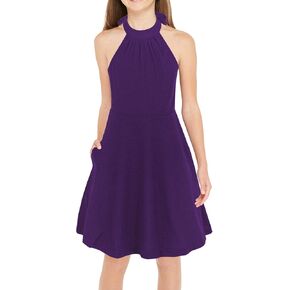 GORLYA Girl's Halter Neck Cold Shoulder Sleeveless Summer Casual Sundress A-line Dress with Pockets for 4-12 Years