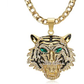 CZ Fully Roaring Tiger Head With Green Red Eyes Pendant Punk Rock Stainless Steel Necklace, 24 Inch 7mm Chain For Men Hip Hop Animal Jewelry-I'm the King