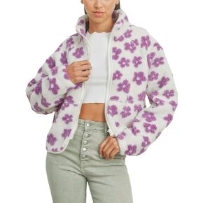 Women's Cute Floral Pattern Jacket Fuzzy Fleece Zip Up Sherpa Jacket Faux Fur Coat with Pockets