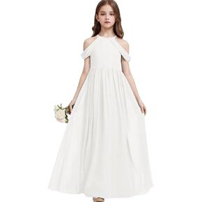 Girls A-Line Maxi Dress Junior Bridesmaid Flower Girl Dresses Girl Off-Shoulder Chiffon Dress for Wedding Pageant