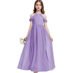 فستان طويل للفتيات على شكل حرف a لوصيفات العروس الصغيرة فساتين فتاة الزهور فستان شيفون مكشوف الكتفين لمهرجان الزفاف in Kuwait