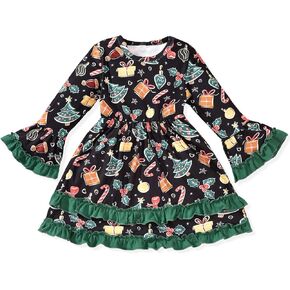 HINTINA Toddler Girl Christmas Dress Flared Sleeve Ruffle Xmas Dresses