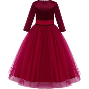 OBEEII Girls Flower Girl Dress Velvet Long Dress Winter Fall Wedding Bridesmaid Maxi Gown 3/4 Sleeve Princess Party Dresses