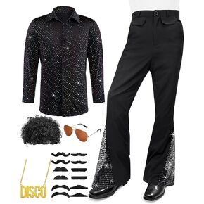 Mens 70s Disco Outfit Costume Bell Bottom Pants Shirts Wigs Necklace Mustache Sunglasses