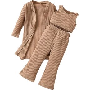 Floerns Toddler Girl's 3 Piece Outfit Rib Knit Tank Top Pants Set with Long Sleeve Cardigan Coat